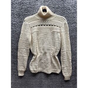 PRADA Wool Blend Vintage Turtleneck Cream Woven Cableknit Sweater Size‎ 42